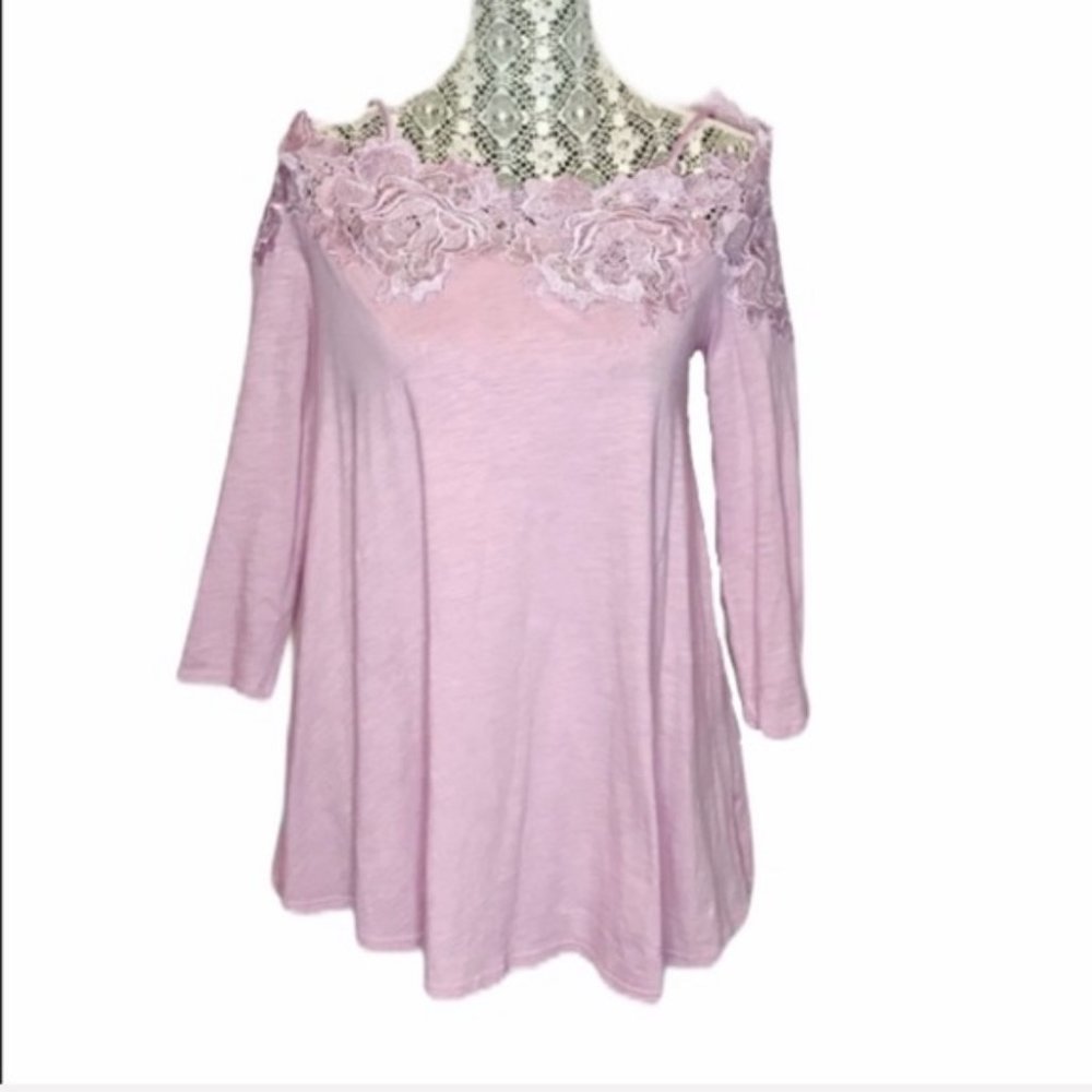 Meadow Rue floral lace appliqué illusion swing top